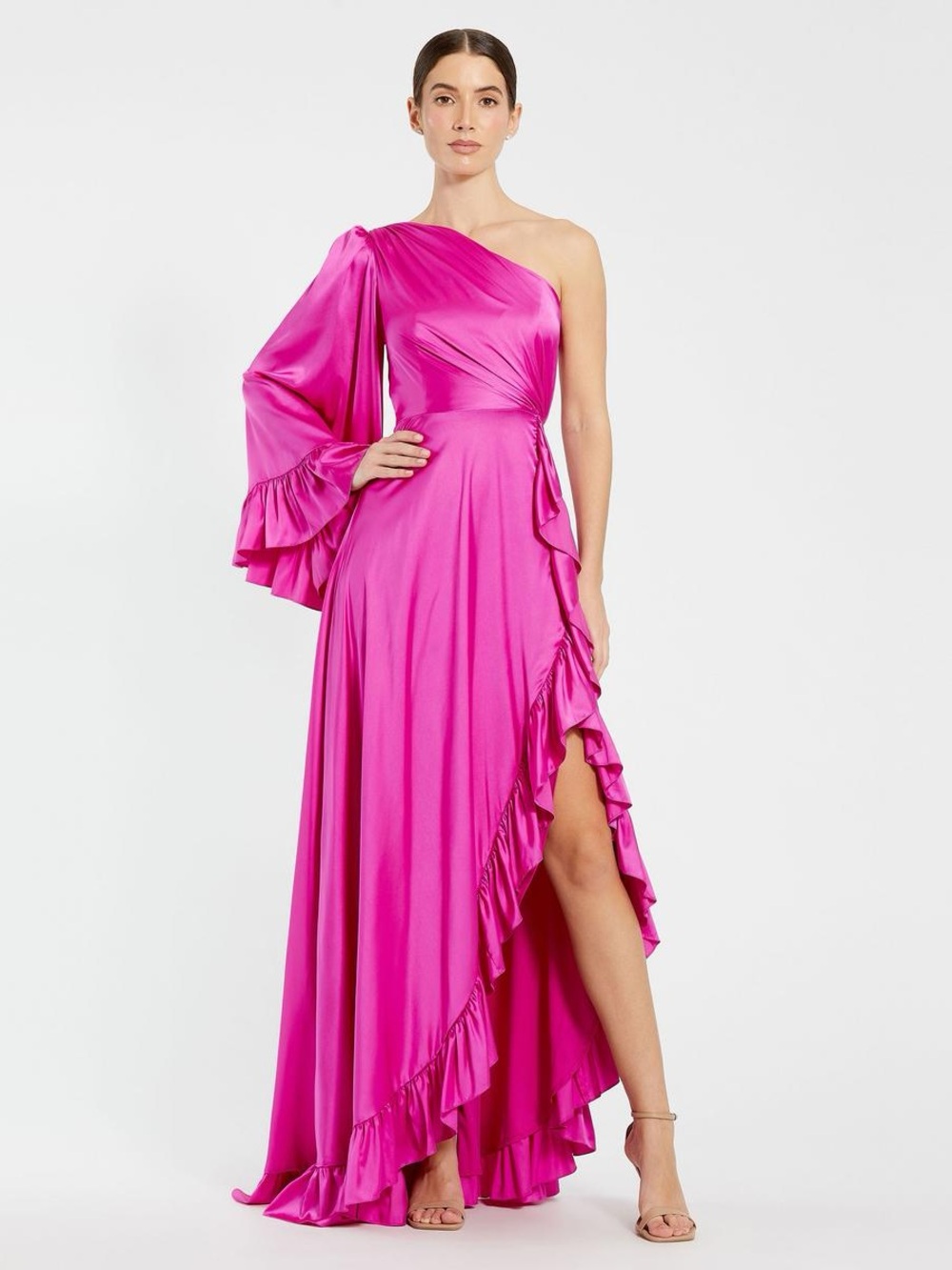IEENA FOR MAC DUGGAL Pink Long One Sleeve Asymmetrical Ruffle Hem Gown size 12
